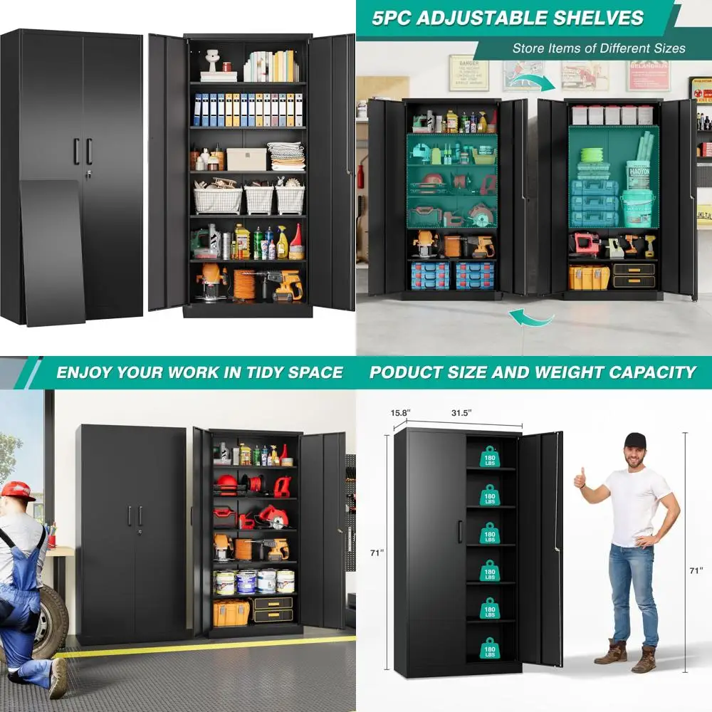 Double-Door Metal Storage Cabinet with 6 Shelves and Lockable Feature for Secure Storage