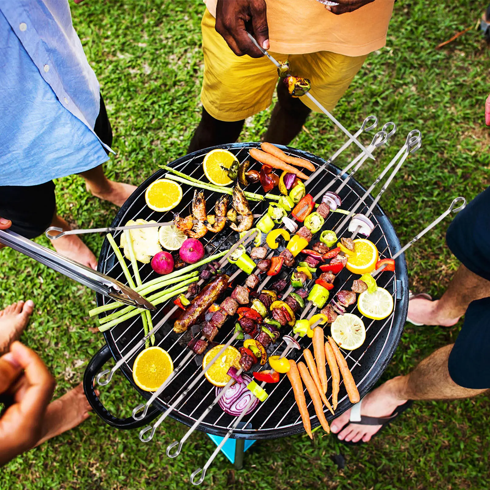 12Pcs Stainless Steel Bbq Skewers Flat Reusable Kabob Skewers Metal Picks for Grilling Meat Vegetables Silicone Covers Storage