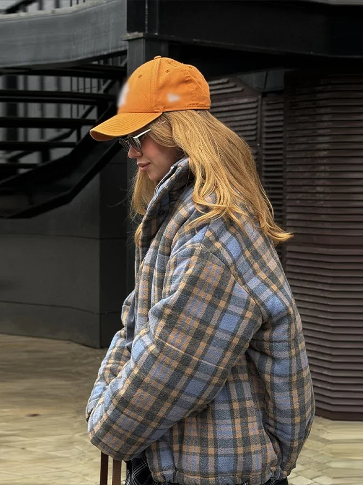 Retro Plaid Cotton Pad Jacket Women Lapel Zipper Long Sleeve Loose Female Coat 2026 Spring Winter Casual Lady New In Outerwear