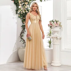 ICCLEK A Line Pink Tulle Sparkly Formal Dress With Sequins Sleeveless Bridesmaid Party Ball Gown Dress For Evening Long Dress