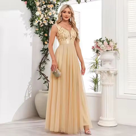 ICCLEK A Line Pink Tulle Sparkly Formal Dress With Sequins Sleeveless Bridesmaid Party Ball Gown Dress For Evening Long Dress