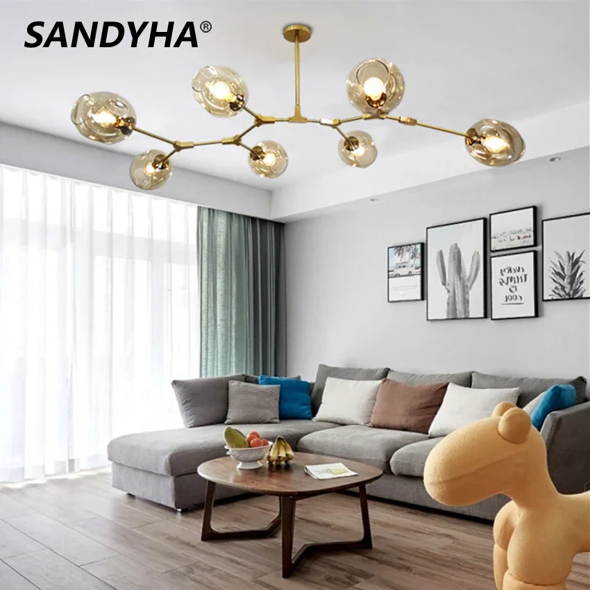 SANDYHA Nordic Glass Pendant Lamp Creative Molecular Design LED Chandelier for Living Room Dining Room Bedroom Villa Lighting