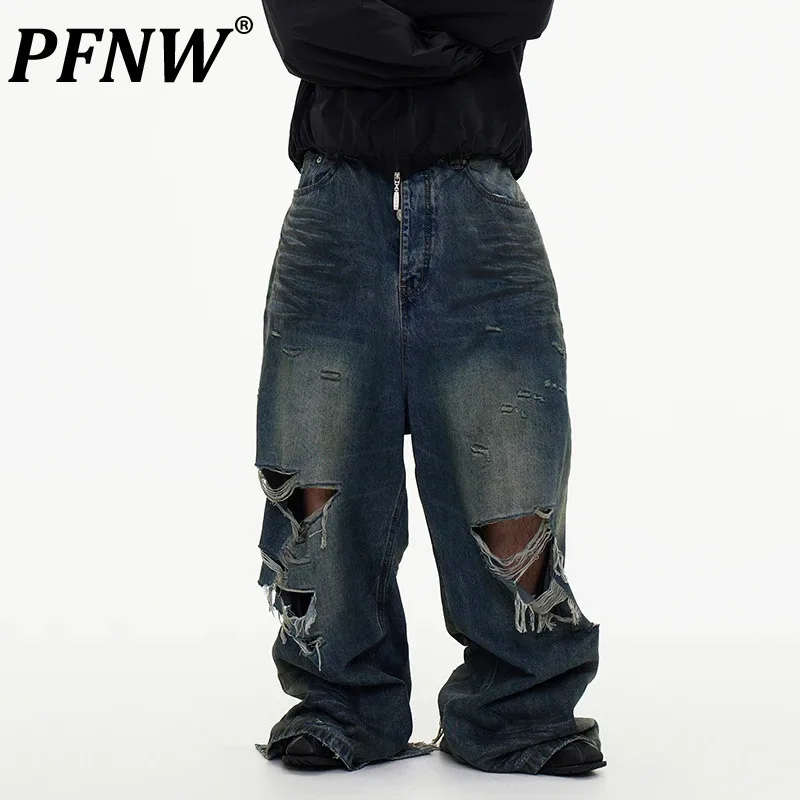 

PFNW Male Jeans Worn-out Irregular Hole Raw Edge Trousers Straight Loose Wide Leg Gradient Color Men's Denim Pants 2024 12C507