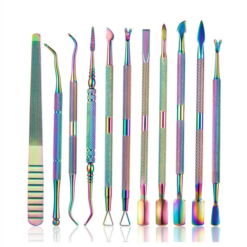 

11Pcs Nail Art Files UV Gel Polish Remove Cuticle Spoon Pusher Fork Dead Skin Stainless Steel Nail Care Groove Clean Manicure