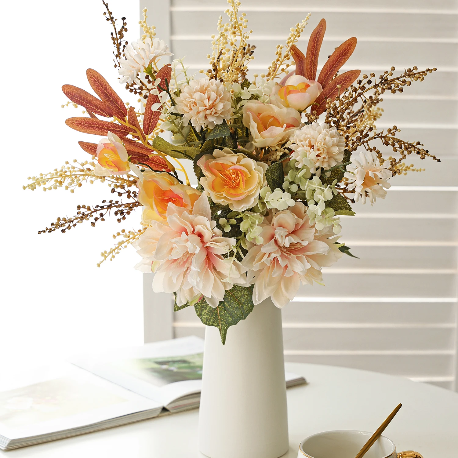 Künstliche Blumen, Seiden-Dahlie, Kamelie, Kugel-Chrysanthemen, für Zuhause, Zimmer, Tisch, Hochzeitskranz, künstliche Pflanzen, Vasen-Dekoration, Garten, DIY-Geschenke – Detail 4
