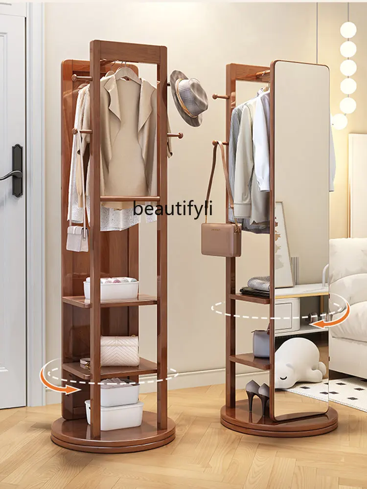 

Solid Wood Coat Rack Full-Length Mirror Clothes Rack Integrated Rotating Floor Mirror Mobile