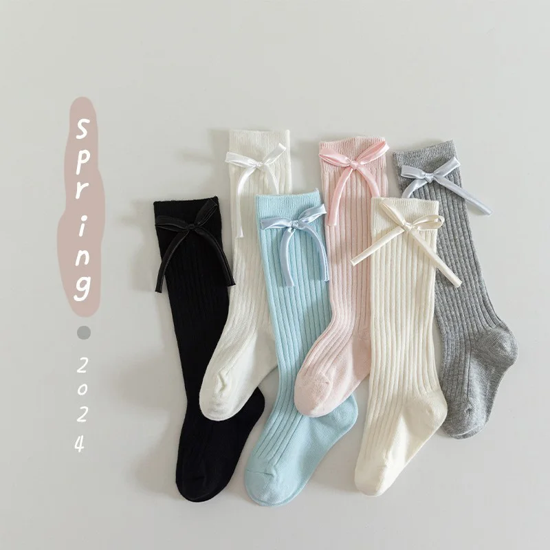 Solid Color Kids Bow Stockings Spring Autumn Knit Long Socks Princess Girl Calf Socks 3-5Year Children Cotton Sock Baby Footwear