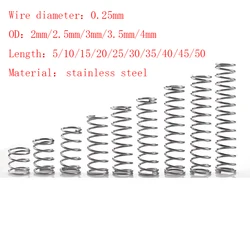 20 stücke/Lot 0,25mm Edelstahl Micro Kleine Kompression Frühling OD 2/2.5/3/3.5/4mm Länge 5mm bis 50mm