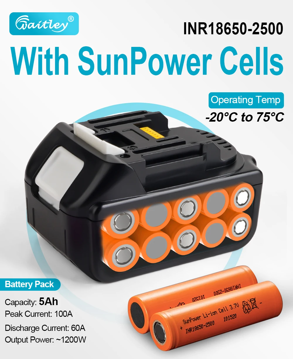 Waitley 5Ah Akku Pro für Makita 18V Elektrowerkzeuge, wiederaufladbare Akkus mit SunPower-Zellen / Ersatzzubehör BL1850 – Detail 6