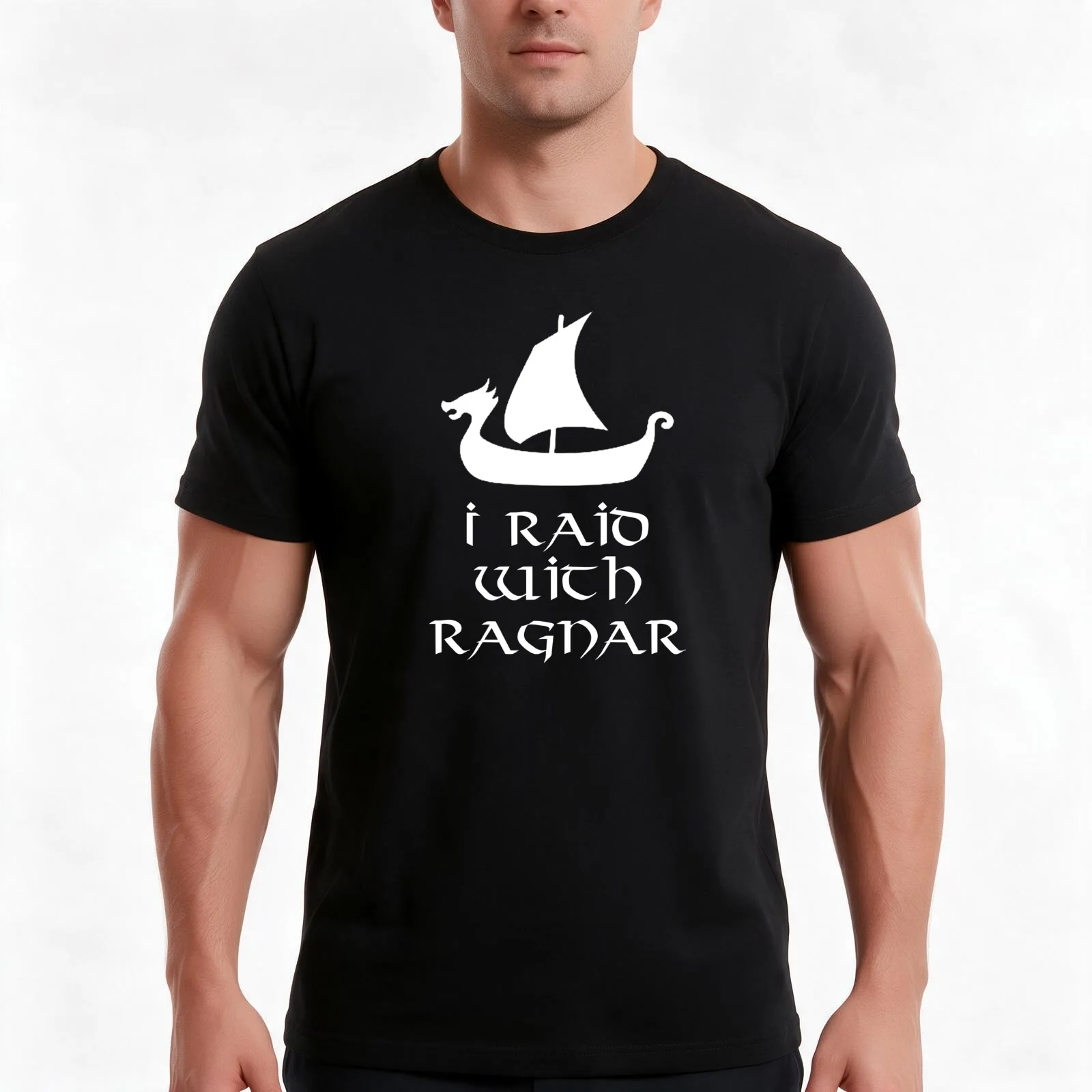 I Raid With Ragnar T-Shirt, Summer Casual Cotton Tee, Oversized Streetwear Tops, Vintage Graphic Print, Loose Fit Short Sleeve