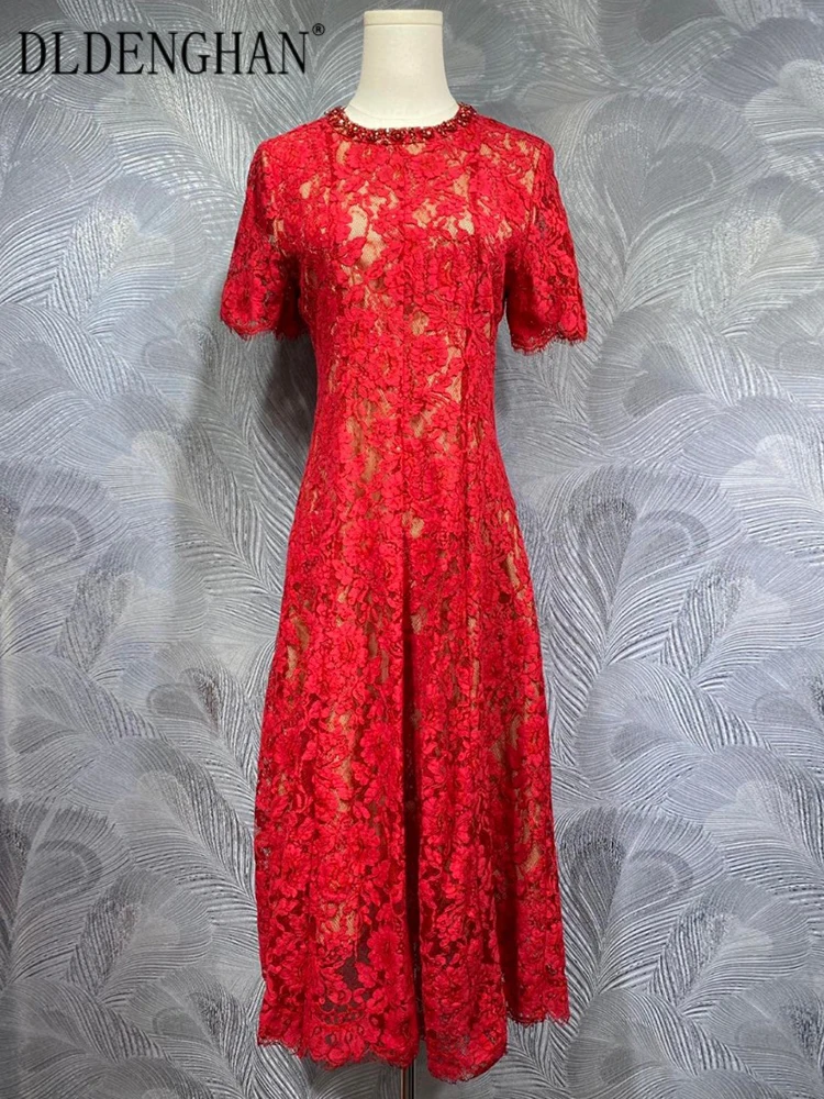 

DLDENGHAN Red Lace Vintage Dresses For Women Diamonds O-Neck Short Sleeve Dresses Fashion Spring New