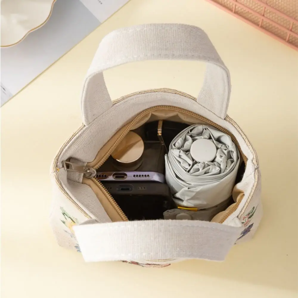 Embroidery Canvas Bag Cute Cat Flowers Tote Bag Fashion Style Small Shoulder Traveling Pouch Handbag