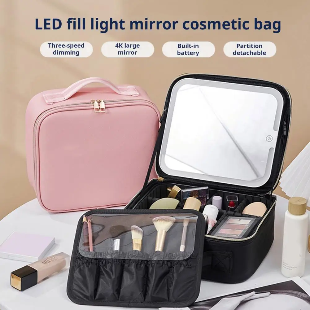 Multi-functional Toiletry Kit Waterproof Cosmetic Case Waterproof Travel Makeup Organizer Bag with Led Mirror Zipper Closure