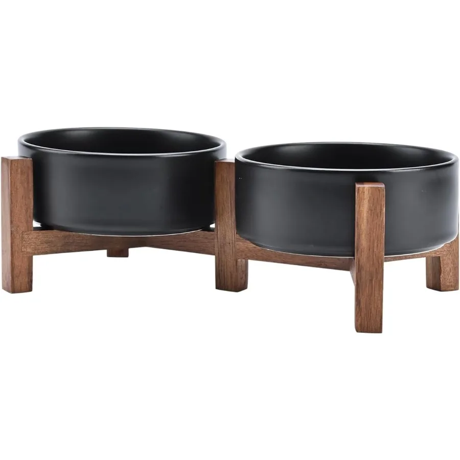 

Elevated Ceramic Dog Bowls Set with Acacia Wood Stand for Small Dogs Durable and Stylish Pet Feeding Solution with 13.52 OZ Bla