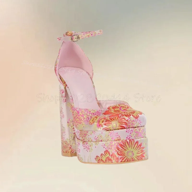 Floral Print Round Toe Silk Platform Pumps Ankle Buckle Strap Women Shoes Chunky High Heels New Dating 2026 Zapatos Para Mujere