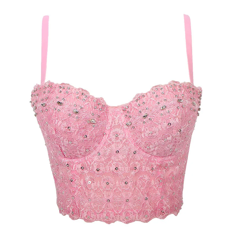 

Women's Natural Reigning Lace Rhinestone Bustier Crop Top Sexy Mesh Corset Top Bra Crop Tops Rhinestone Lace Push Up Cami Top