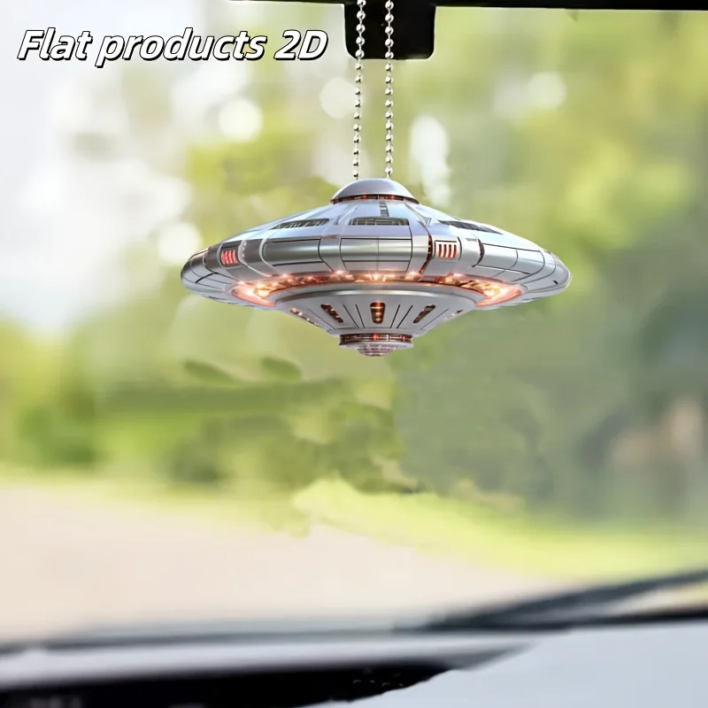 Creative Alien Spaceship Pendant 2D Flat Acrylic Car Rearview Mirror Key Ring Hanging Mechanism Jewelry Decoration 1/3PCS
