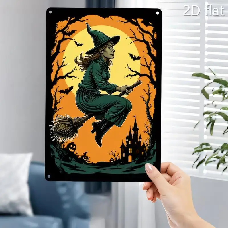 2D Flat Retro Halloween Witch Broom Pumpkin Haunted Castle Metal Tin Sign - Iron Wall Art, Black/Orange/Green, Perfect for Home