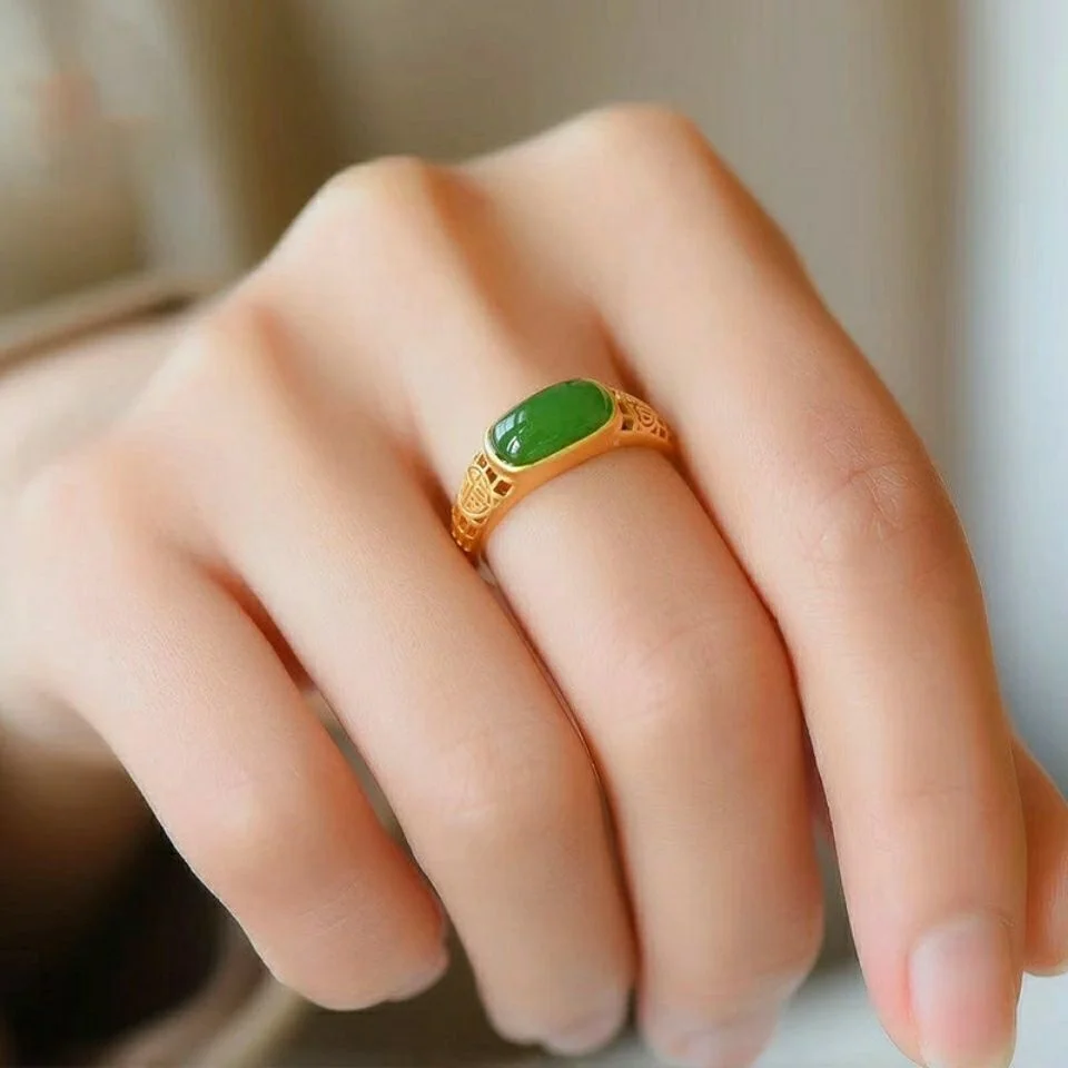 Natural Hetian Jade Men's and Women's Fashion Pure Copy Real 18k Yellow Gold 999 24k Green Chalcedony Ring Adjustable Gift Never