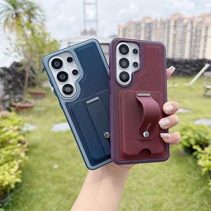For Samsung Galaxy S26 Ultra 5G Wristband Card Holder Phone Case For Samsung S25 S26 Ultra 5G Wrist Stand Full Protection Cover