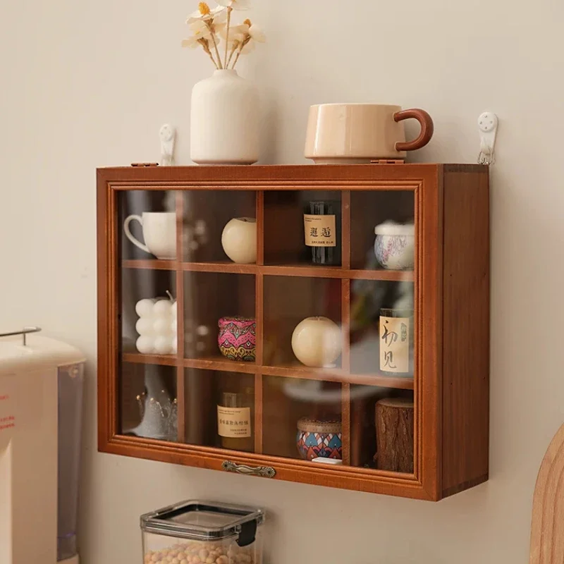 Solid Wood Vintage Tabletop Cup Storage Cabinet Home Restaurant Tea Set Storage Dustproof Mug Display Stand