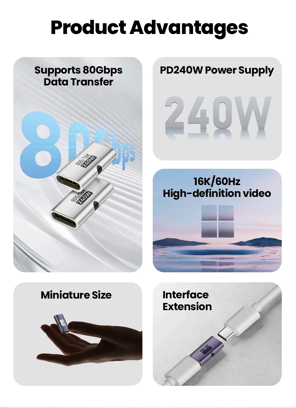 USB C to C Adapter PD3.1 240W Female to Female 80Gbps Fast Charging 16K 60Hz High Speed Type C Connector Converter