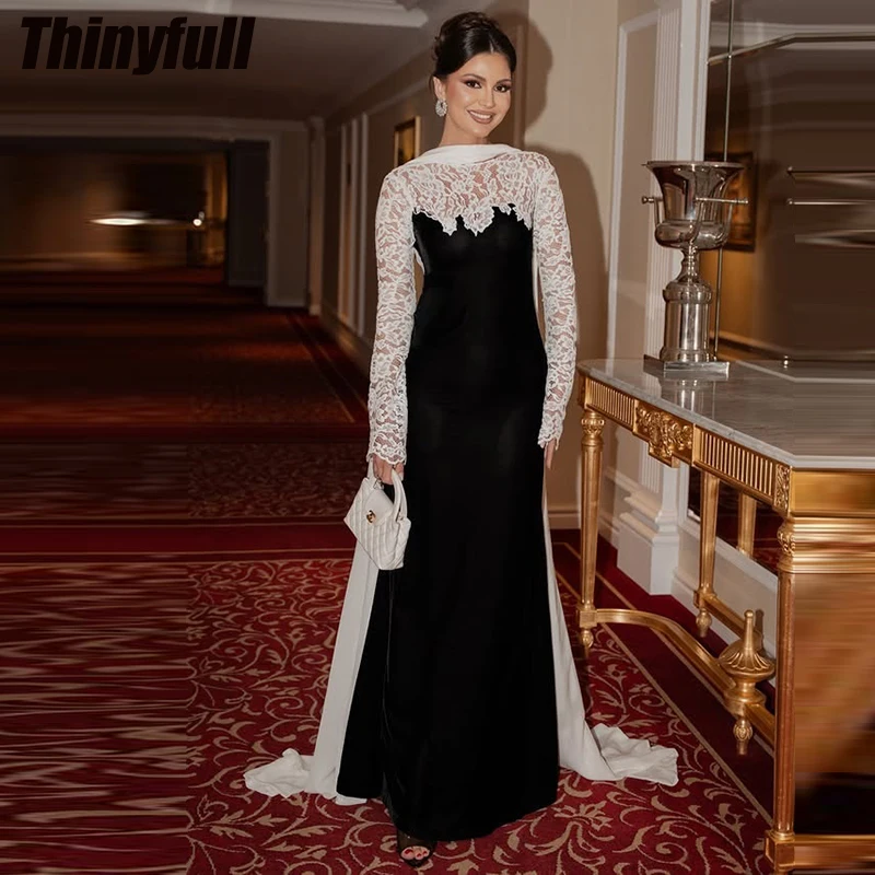 Thinyfull Mermaid Velvet/Lace Arab Prom Dresses Long Sleeves O-neck Evening Party Gown Formal Dress robes de soirée Customized