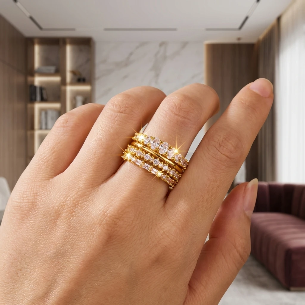 4-teiliges glänzendes Zirkonia-Stapelring-Set für Damen, exquisiter goldfarbener geometrischer CZ-Fingerring, Freundschaftsschmuck-Accessoires – Detail 2