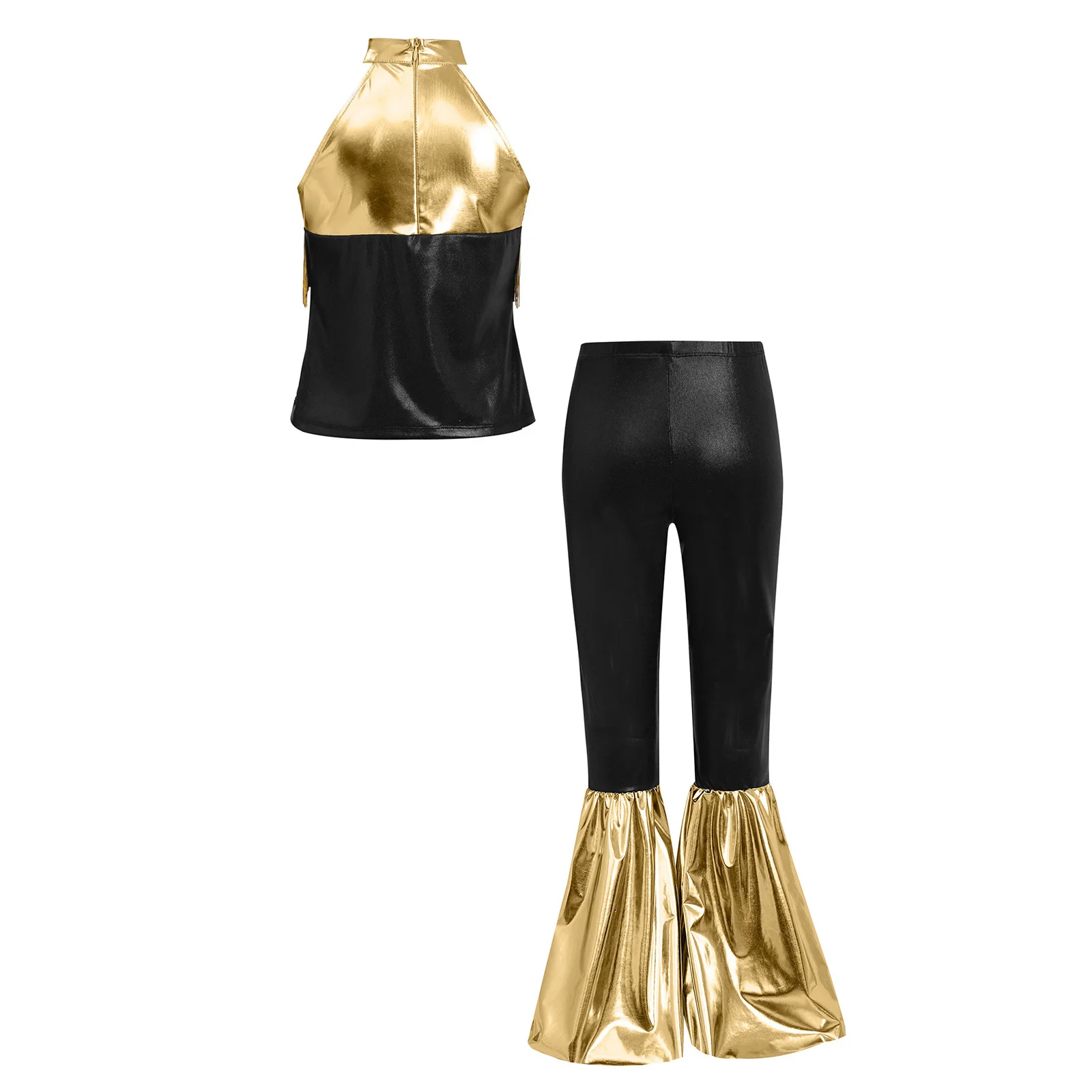 Strój na konkurs gimnastyki, jazzu i tańca dla dziewcząt: metaliczny crop top z frędzlami i cekinami oraz spodnie dzwony, kostium hip-hopowy.