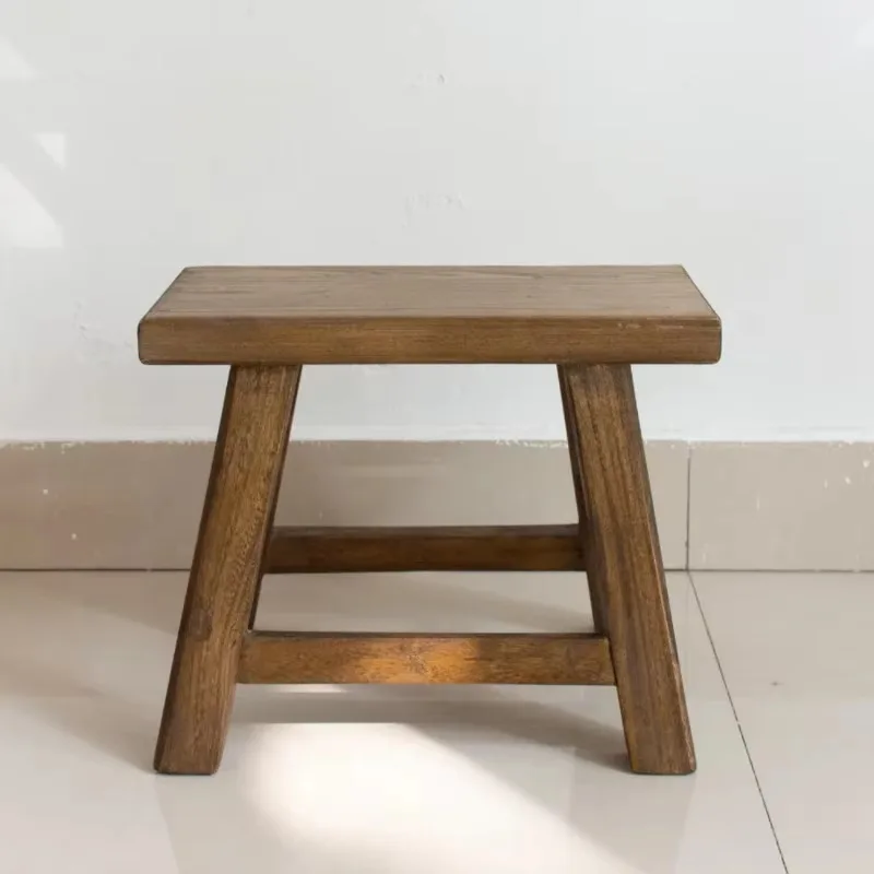 Mortise and Tenon Joint Wooden Stool Reclaimed Elm Wood Kids Stool Vintage Small Chair Solid Wood Ottoman for Living Room