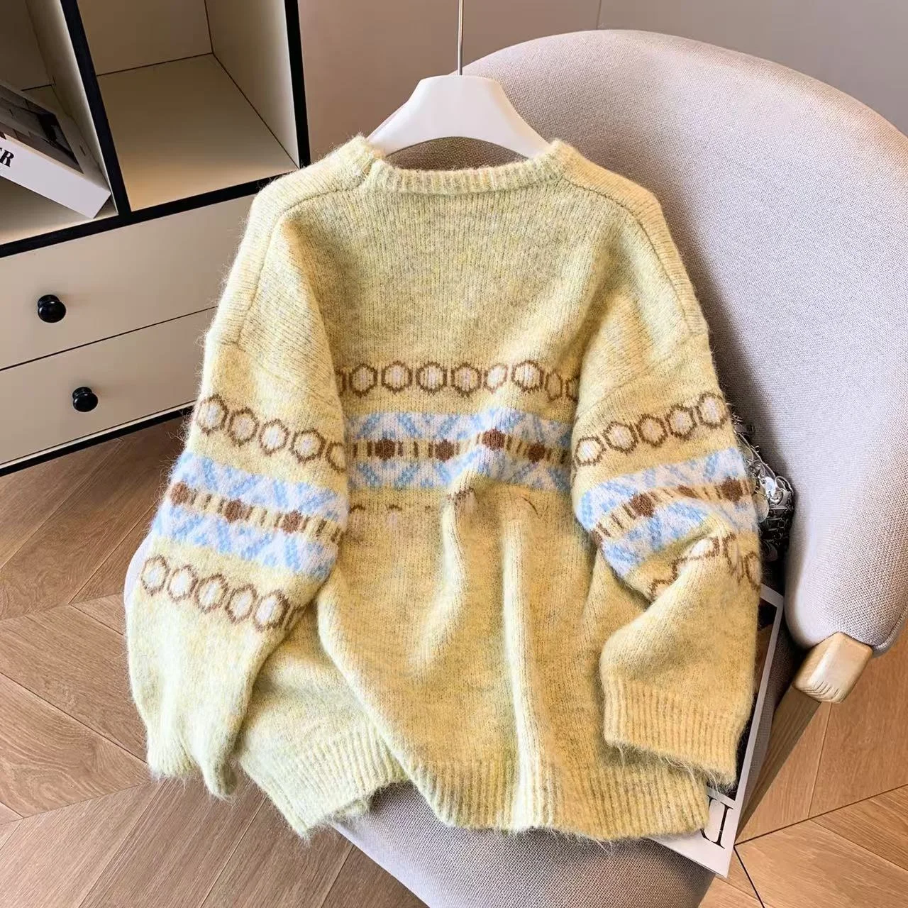 الأصفر الرجعية المرأة تريكو الخريف الشتاء Thiened جديد Sle Fair Isle التطريز تصميم فضفاض ملابس داخلية تخفيف مستقيم...