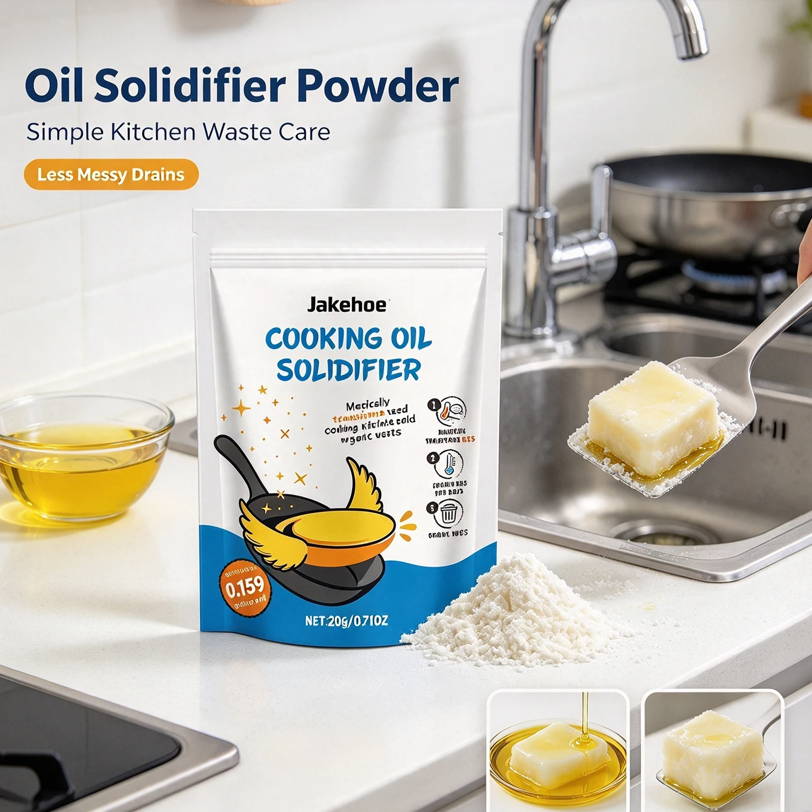 Cooking Oil Solidifier Powder Hot Grease Hardener for Used Fryer Oil Waste Vegetable Lard Eco Friendly Kitchen Deep Cleaning