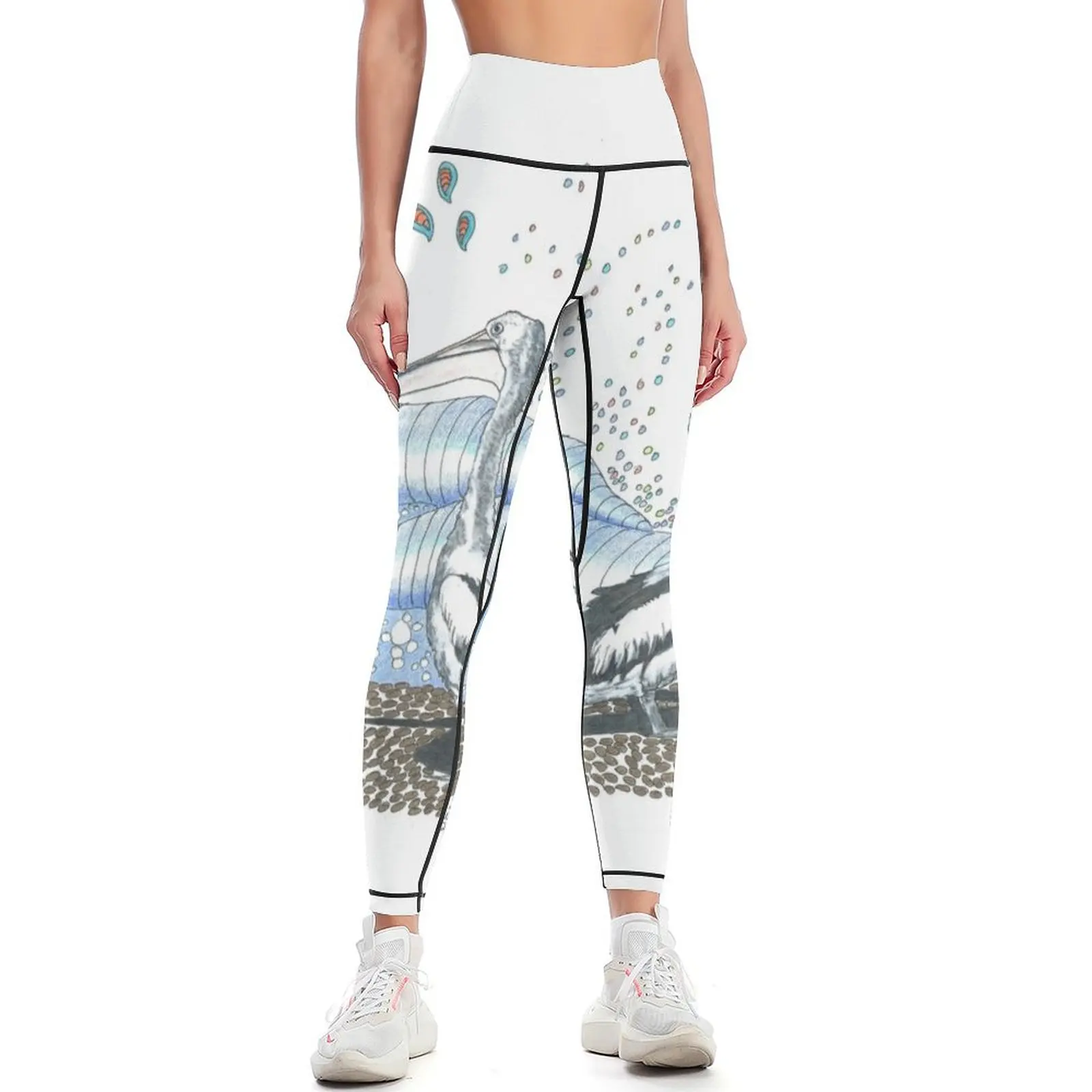 Two pelicans at the ocean Leggings gym wear Tight fitting woman Women's trousers Womens Leggings