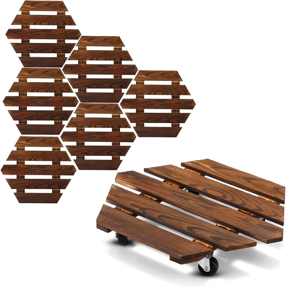 

8 Pack 14" Hexagonal Wooden Plant Stand With Lockable Wheels Heavy Duty Rolling Plant Stand With Casters Plant Freight Free