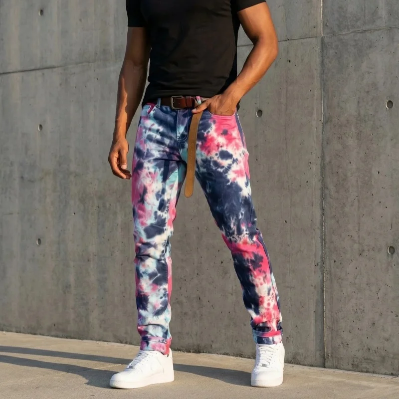 

2026 Ropa Y2K New Fashion Tie Dye Slim Stretch Jeans Pants For Men Clothing Straight Male Luxury Long Trousers Pantalones Hombre