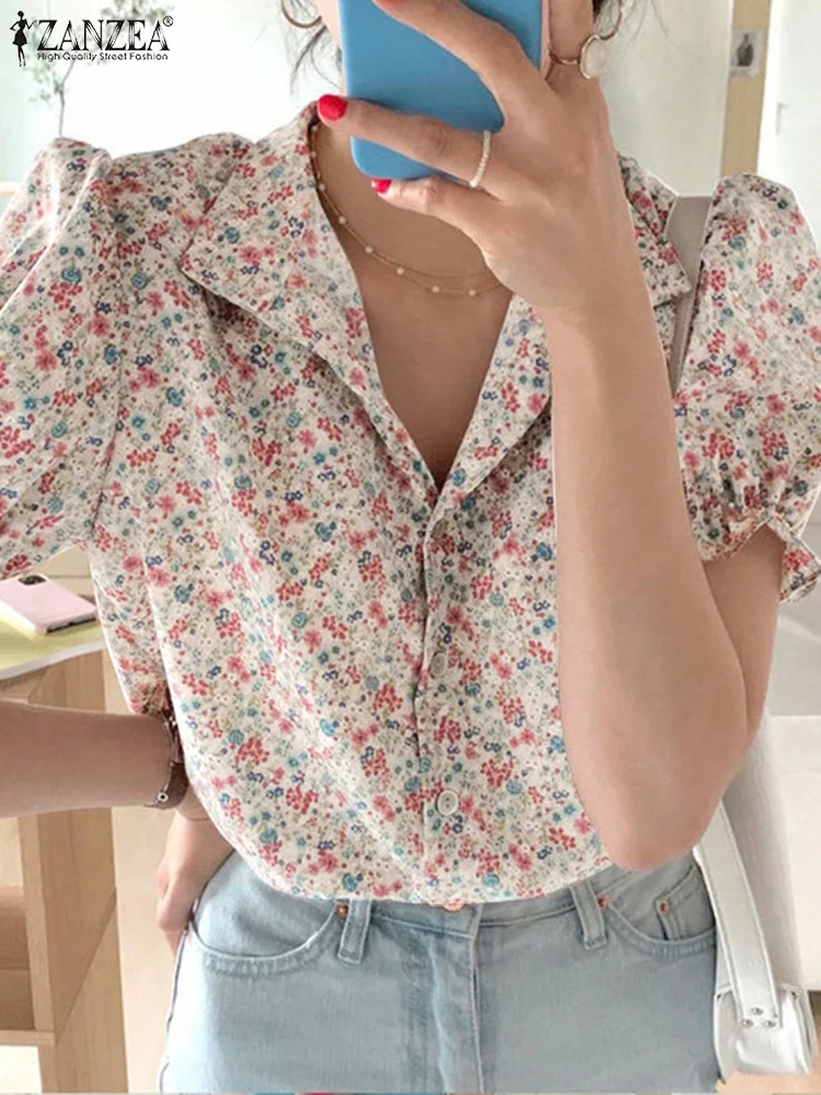 ZANZEA Koean Style Shirt Fashion Short Puff Sleeve Tops Bohemian Floral Printed Blouse 2024 Summer Holiday Lapel Neck Tunics