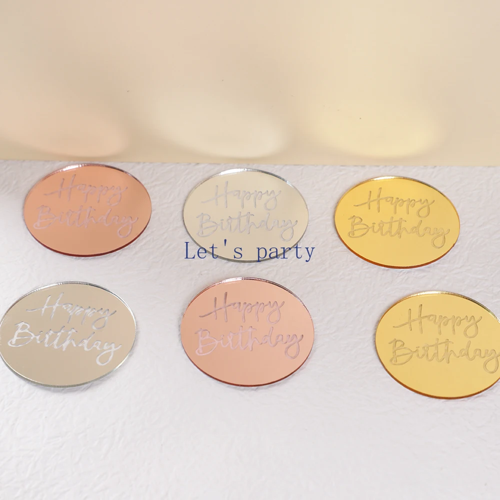 10Pcs Happy Birthday Mirror Disc Acrylic Cake Toppers Baking Cupcake Topper for Birthday Party Dessert Cake Decoration