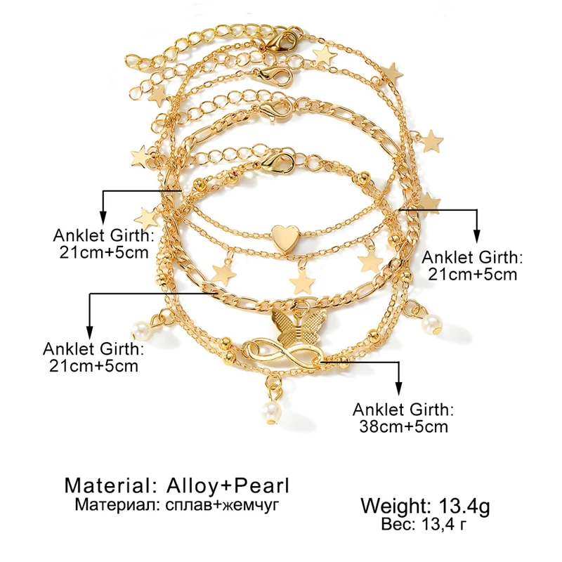 IFKM Gold Color Vintage Butterfly Anklet Set For Women Multilayers Adjustable Love Anklet Bracelet On Leg Foot Beach Jewelry