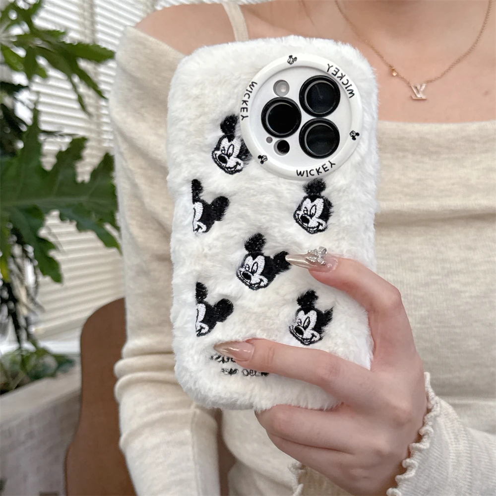 Cute Winter Warm Plush Phone Case For iPhone 16 15 14 Pro Max 13 12 Pro Max 16 Plus Cartoon Disney Mickey Lens Protection Cover