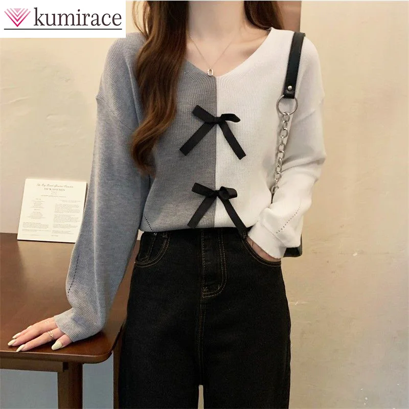 Knitted Women's 2023 Spring and Autumn New Colored V-neck Bow Long Sleeve Underlay Shirt Sweaters for Women Winter Clothes Women