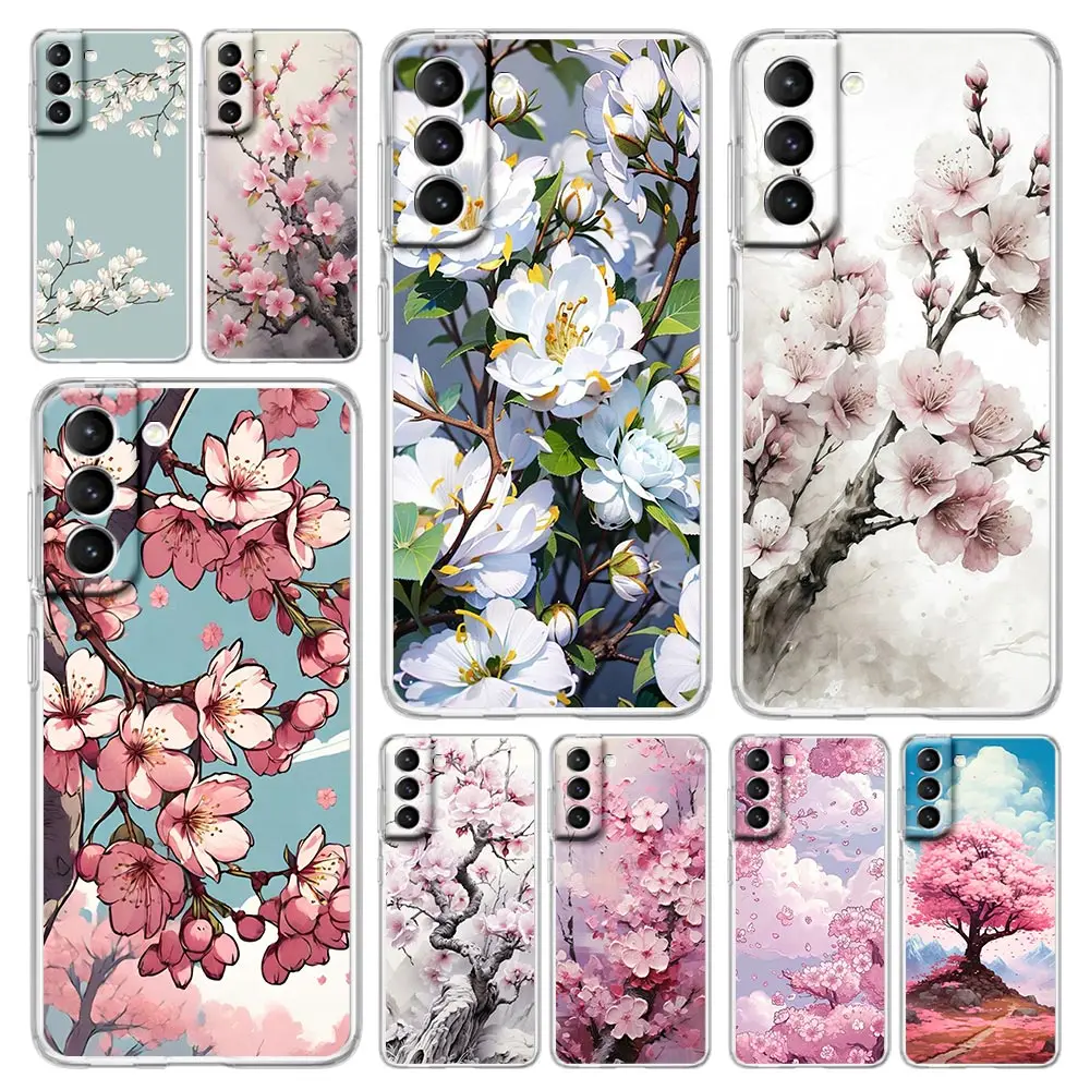 Phone Case For Samsung Galaxy S24 Plus S23 S22 S21 S20 FE Ultra 5G S10 S10E S9 Soft Clear Silicone Cover Cherry Blossom Tree