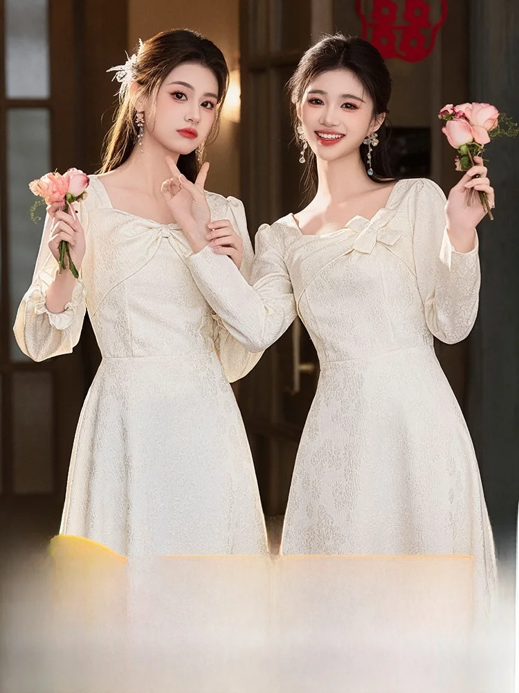 

Ele Long Sve Maids Dr Vintage Sle aduation Host Evening Gown Women's Beautiful High Waist Pearl Embellied