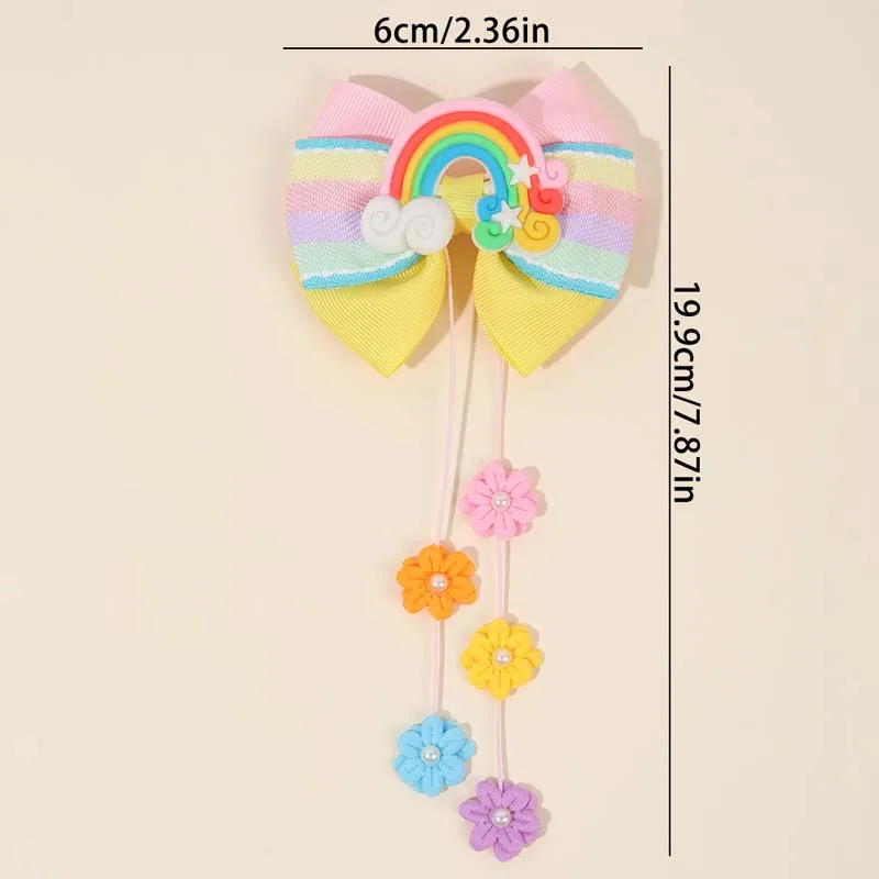 ncmama New Rainbow Hair Bow Clip with Flower Tassel Baby Flower Pearl Bow Hairpin Kids Headwear Girls Hair Accessories Barrettes