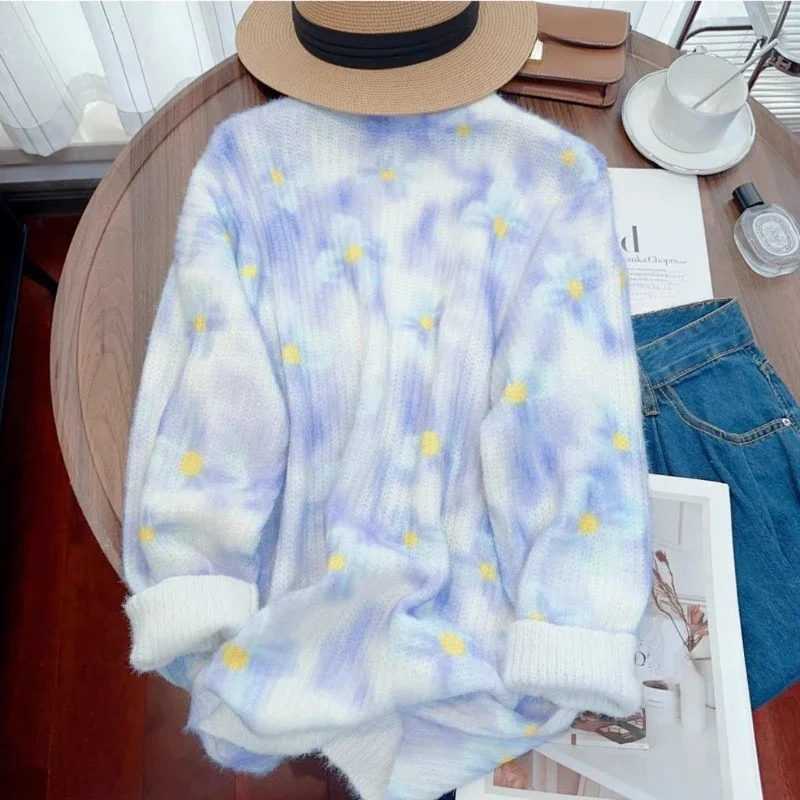 EBAIHUI Contrasting O-Neck Three-dimensional Flower Women's Sweater French Long Sleeved Ladies Pullover Autumn Loose Casual Top