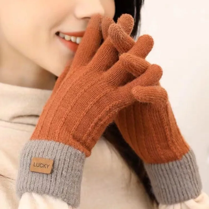 1 Pair Autumn Winter Thicken Warm Gloves Women Touch Screen Knitted Gloves Adult Imitation Thickened Knitted Cute Student Cotton