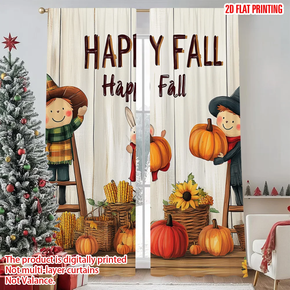 

2pcs 2D flat printing Christmas Window Drapes Autumn Harvest Autumn Harvest Machine Washable Fabric Without Electricity Festive