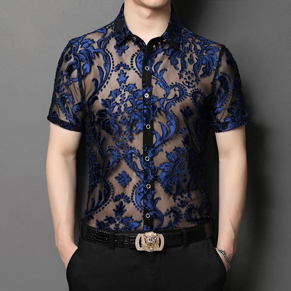 New Fashion Floral Embroidery Transparent Shirt Man See Through Sexy Casual  Shirts Men Social Party Lace Sheer Blouse Hollowout