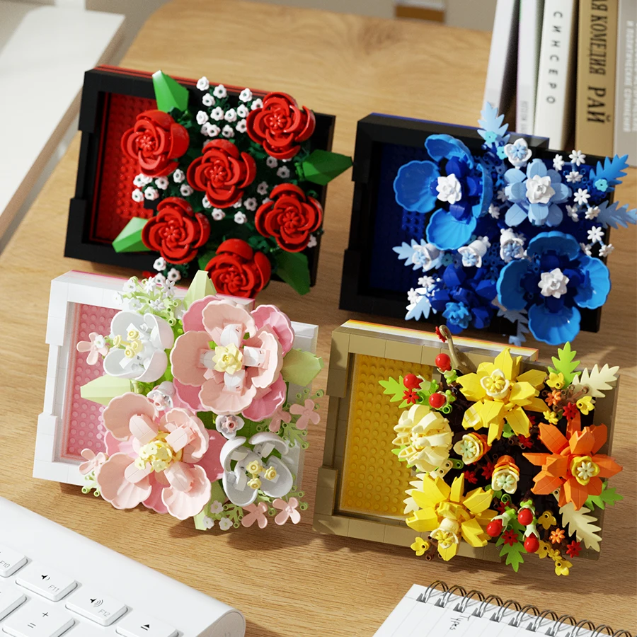 Creative Artificial Flower Picture Frame Building Blocks Plastic Flowers Bricks DIY Art Ornament Valentine's Day Gifts