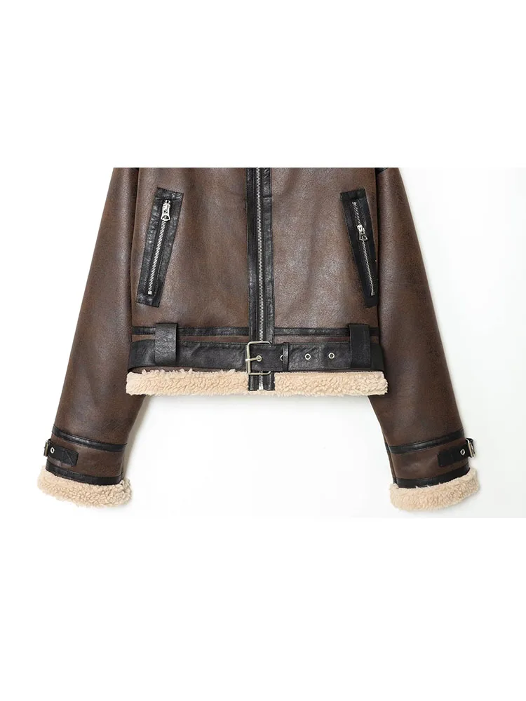 HH Moda Feminina Mangas Compridas Jaqueta High Street Slim Casacos Curtos Mulheres Casual Lapela Zíper Bolso Cintura Decoração Jaqueta