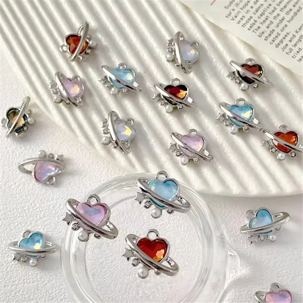 

Simple Colorful Heart-shaped Alloy Diamond-encrusted Pearl Pendant Metal Diy Jewelry Handcrafted Bracelet Necklace Accessories